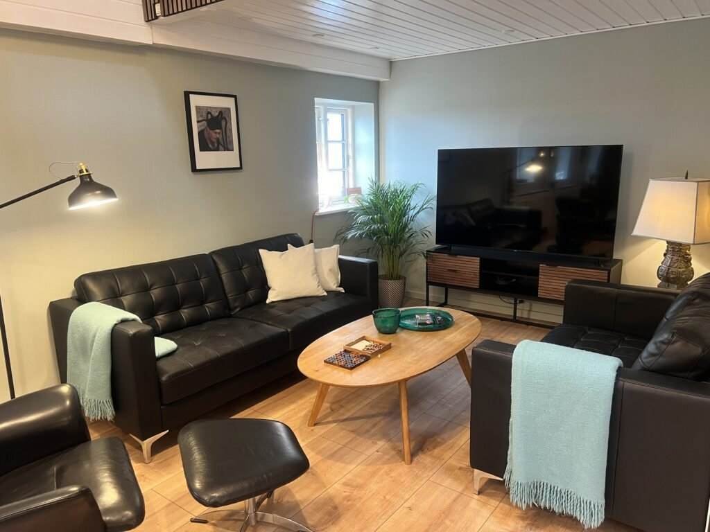 Living room with leather sofa and large TV
